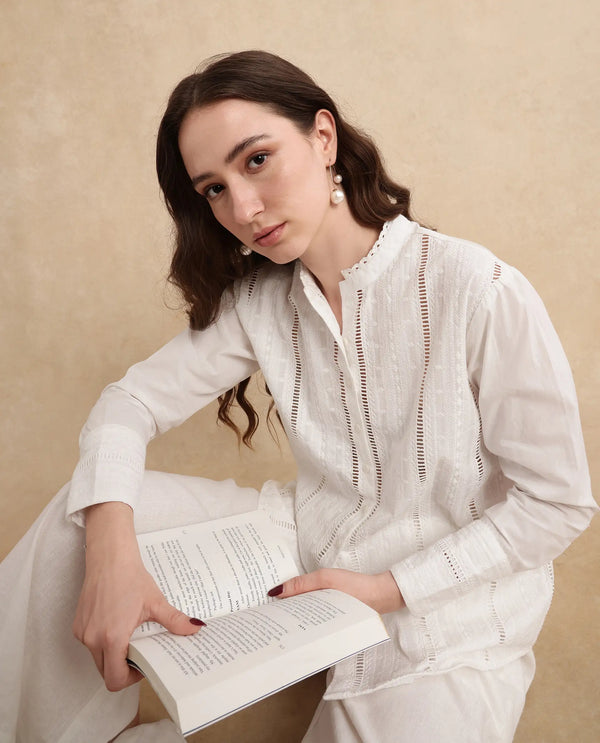 Rareism Women Melloyo Off White Cuffed Sleeves Mandarin Collar Button Closure Plain Top