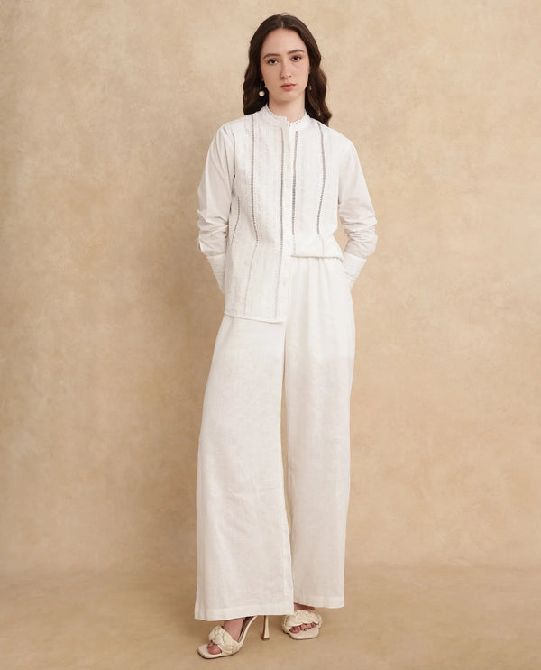 Rareism Women Melloyo Off White Cuffed Sleeves Mandarin Collar Button Closure Plain Top