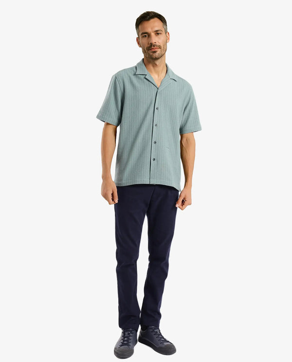 Rare Rabbit Men's Melon Dusky Green Poly Blend Fabric Half Sleeve Cuban Collared Boxy Fit Striped Shirt
