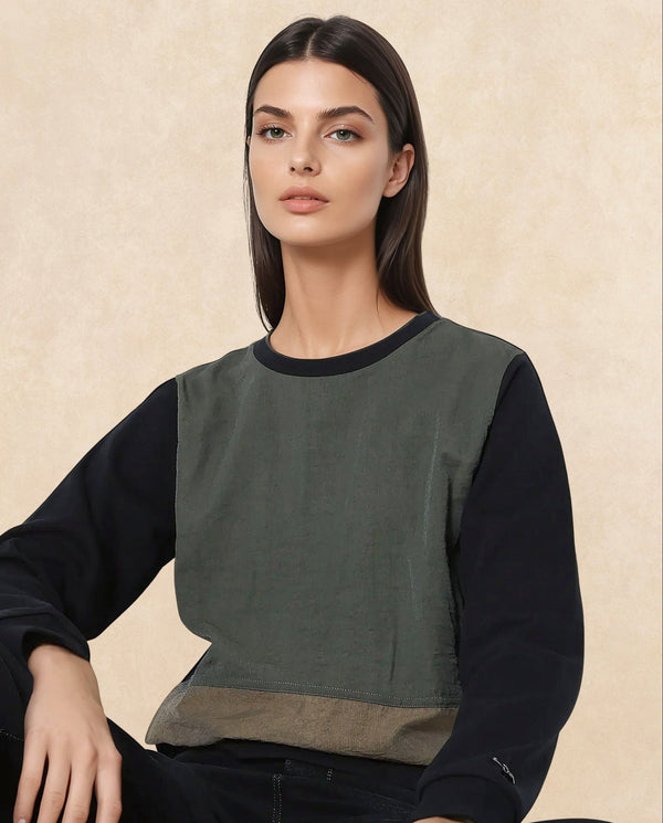 Rareism Women Melone Dark Olive Cotton Blend Fabric Full Sleeve Crew Neck Relaxed Fit Plain Sweatshirt