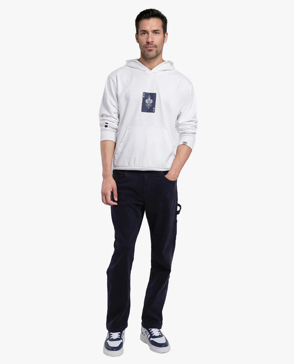 Rare Rabbit Men Meloro Off White Cotton Polyester Fabric Full Sleeve Hooded Regular Fit Printed Sweatshirt