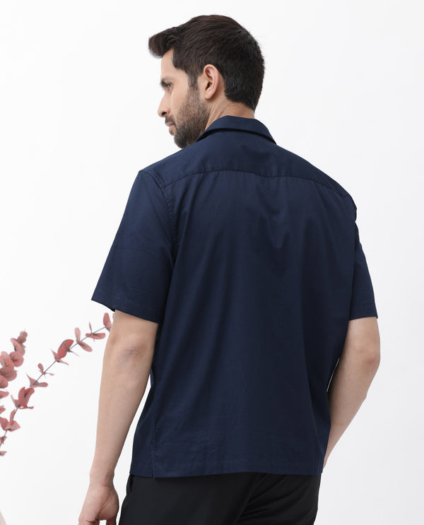 Rare Rabbit Men's Memop SS Navy Tencel Fabric Half Sleeves Cuban Collar Boxy Fit Solid Twill Shirt