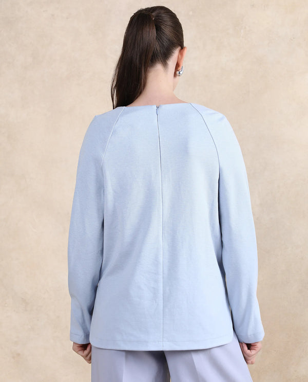 Rareism Women Mento Light Blue Cotton Viscose Fabric Full Sleeve Round Neck Zipper Closure Relaxed Fit Plain Sweatshirt