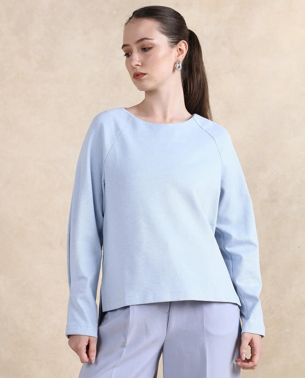 Rareism Women Mento Light Blue Cotton Viscose Fabric Full Sleeve Round Neck Zipper Closure Relaxed Fit Plain Sweatshirt