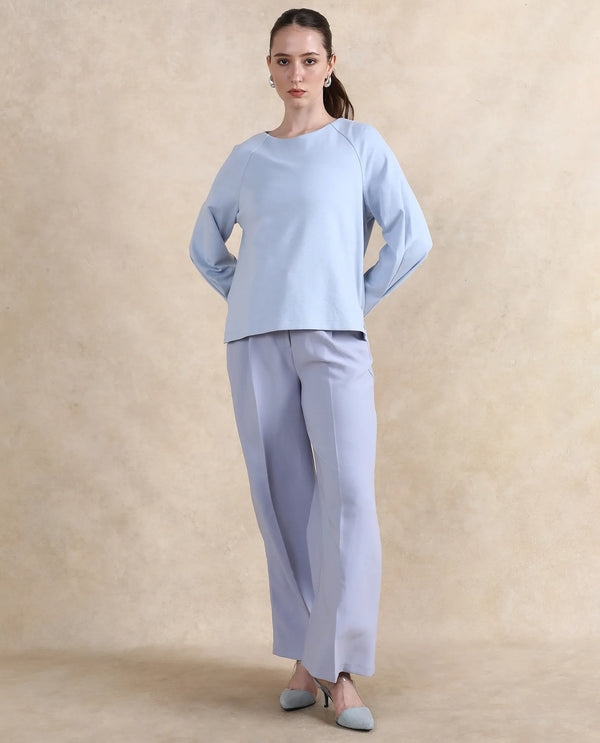 Rareism Women Mento Light Blue Cotton Viscose Fabric Full Sleeve Round Neck Zipper Closure Relaxed Fit Plain Sweatshirt