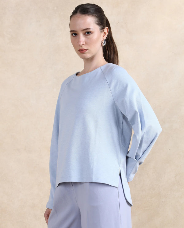Rareism Women Mento Light Blue Cotton Viscose Fabric Full Sleeve Round Neck Zipper Closure Relaxed Fit Plain Sweatshirt