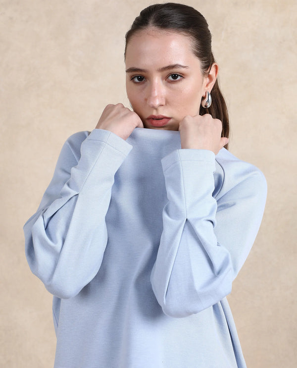 Rareism Women Mento Light Blue Cotton Viscose Fabric Full Sleeve Round Neck Zipper Closure Relaxed Fit Plain Sweatshirt