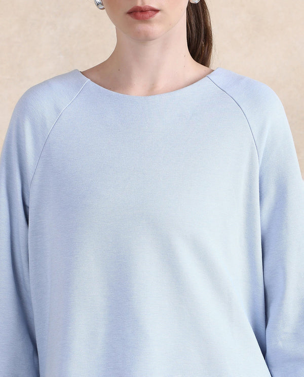 Rareism Women Mento Light Blue Cotton Viscose Fabric Full Sleeve Round Neck Zipper Closure Relaxed Fit Plain Sweatshirt