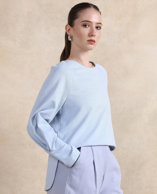 Rareism Women Mento Light Blue Cotton Viscose Fabric Full Sleeve Round Neck Zipper Closure Relaxed Fit Plain Sweatshirt