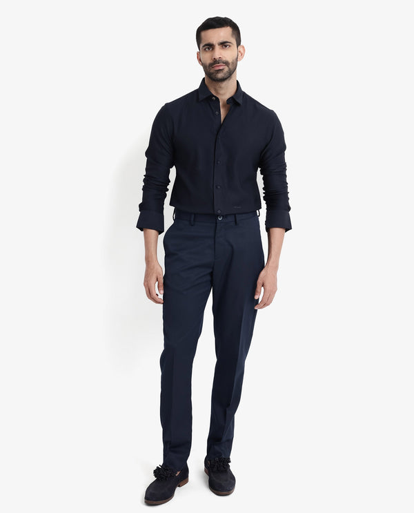 Rare Rabbit Men Mer Navy Viscose Polyester Lycra Fabric Full Sleeve Button Closure Regular Fit Herringbone Textured Shirt