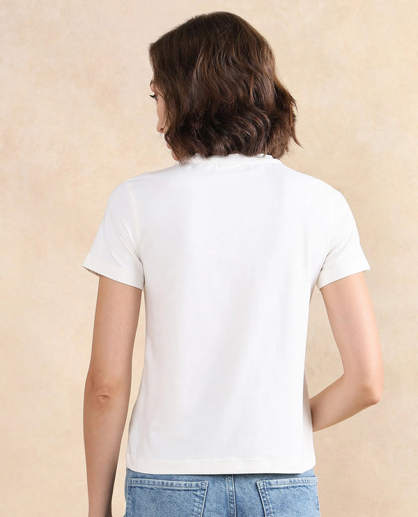 Rareism Women Merch Off White Cotton Blend Fabric Short Sleeve Crew Neck Graphic Print T-Shirt