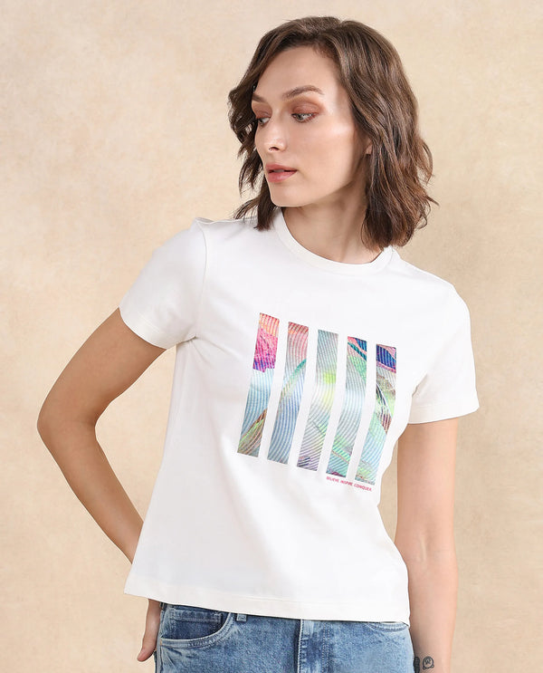 Rareism Women Merch Off White Cotton Blend Fabric Short Sleeve Crew Neck Graphic Print T-Shirt