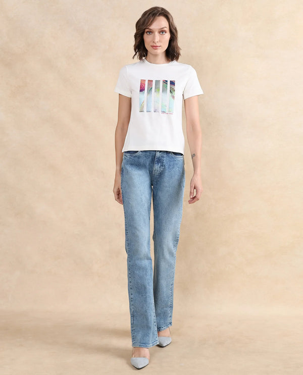 Rareism Women Merch Off White Cotton Blend Fabric Short Sleeve Crew Neck Graphic Print T-Shirt