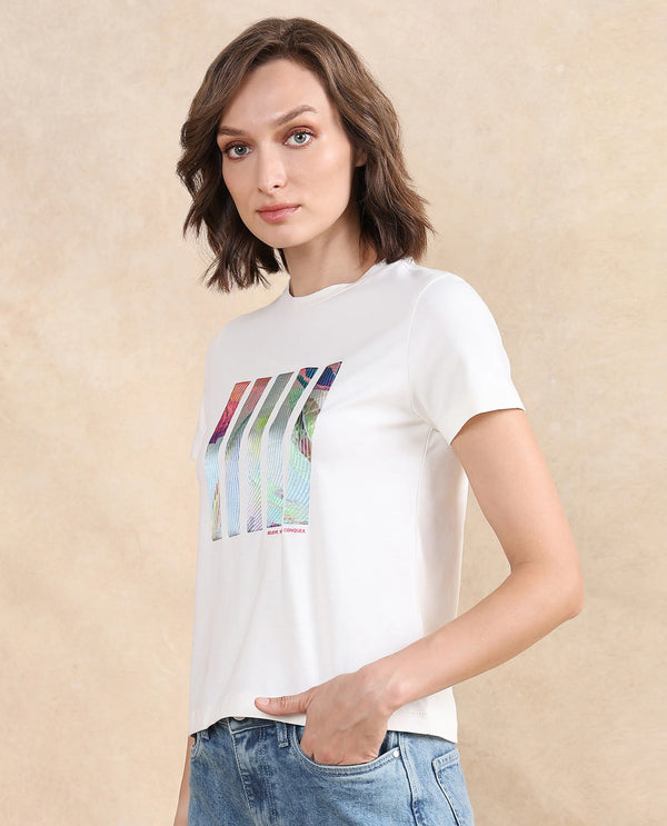 Rareism Women Merch Off White Cotton Blend Fabric Short Sleeve Crew Neck Graphic Print T-Shirt