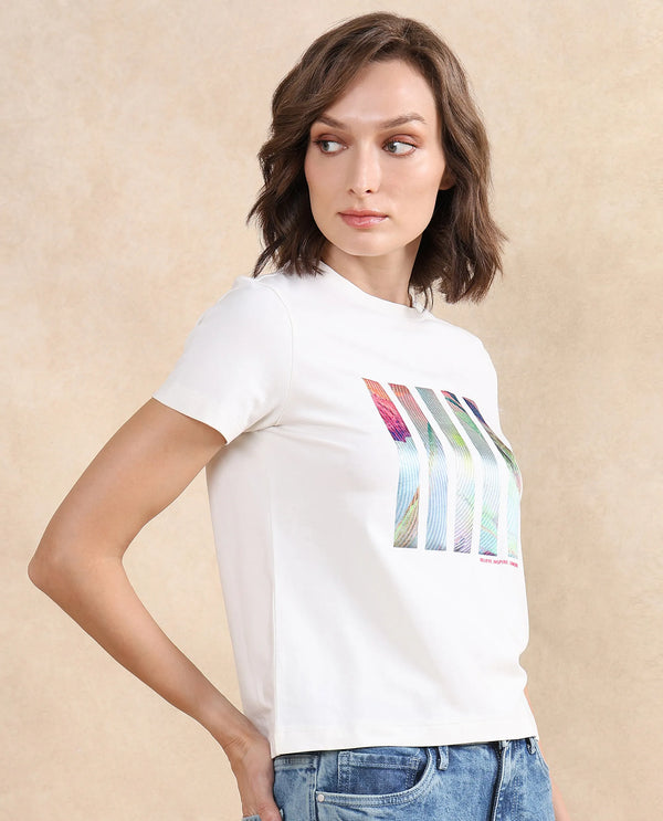 Rareism Women Merch Off White Cotton Blend Fabric Short Sleeve Crew Neck Graphic Print T-Shirt