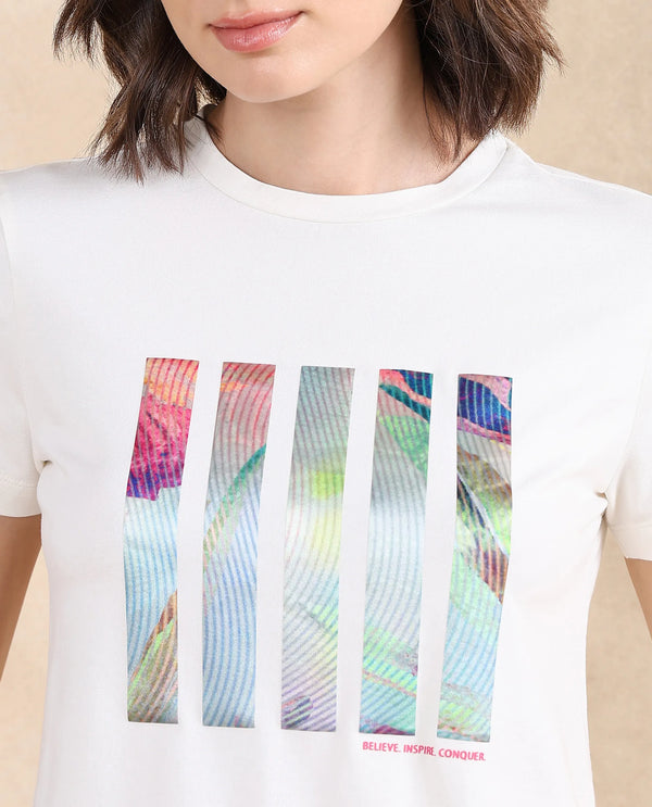 Rareism Women Merch Off White Cotton Blend Fabric Short Sleeve Crew Neck Graphic Print T-Shirt