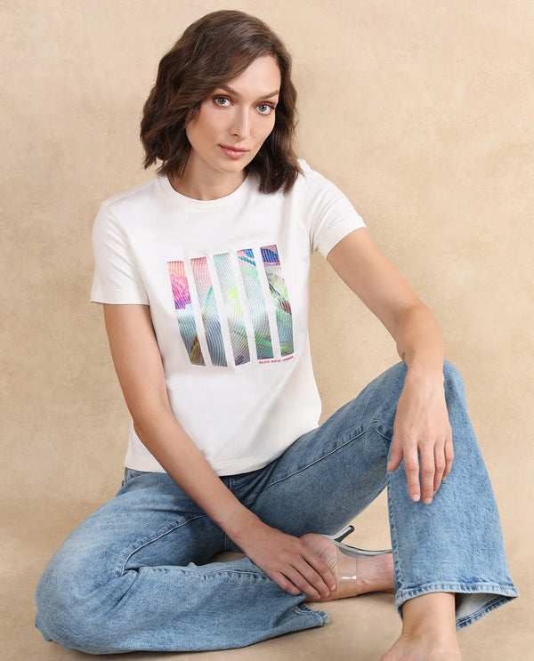 Rareism Women Merch Off White Cotton Blend Fabric Short Sleeve Crew Neck Graphic Print T-Shirt