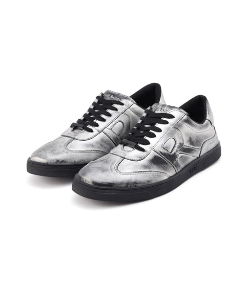 Rare Rabbit Mens Mercure Metallic Silver Round Toe Shiny Burnt Leather