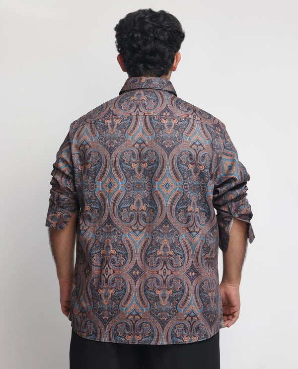 Rare Rabbit Men's Mergers Navy Cotton Fabric Full Sleeves Paisley Print Shirt Plus Size