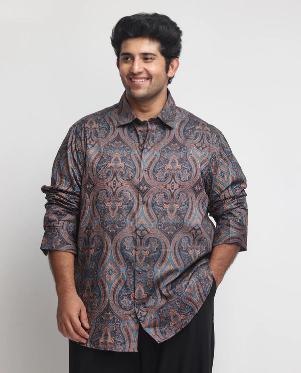 Rare Rabbit Men's Mergers Navy Cotton Fabric Full Sleeves Paisley Print Shirt Plus Size