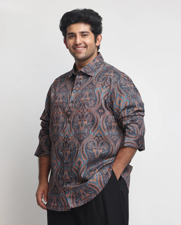 Rare Rabbit Men's Mergers Navy Cotton Fabric Full Sleeves Paisley Print Shirt Plus Size