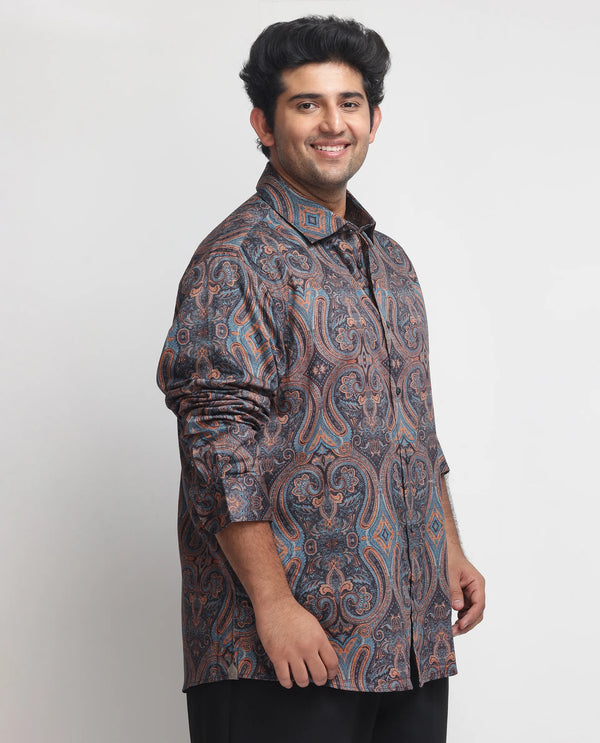 Rare Rabbit Men's Mergers Navy Cotton Fabric Full Sleeves Paisley Print Shirt Plus Size