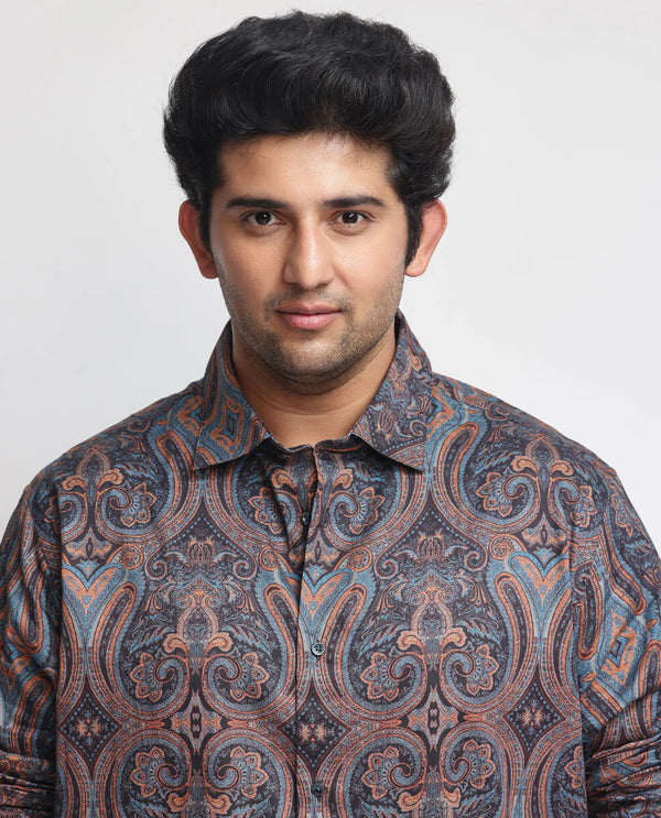 Rare Rabbit Men's Mergers Navy Cotton Fabric Full Sleeves Paisley Print Shirt Plus Size