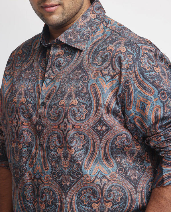 Rare Rabbit Men's Mergers Navy Cotton Fabric Full Sleeves Paisley Print Shirt Plus Size