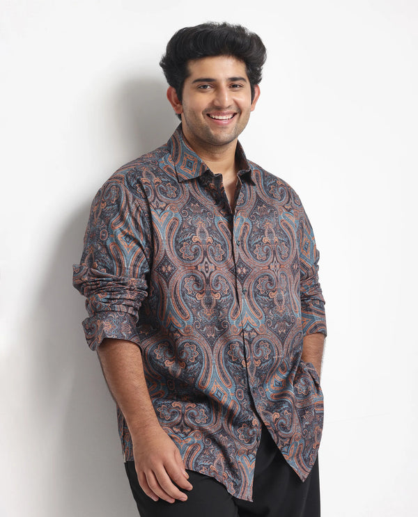 Rare Rabbit Men's Mergers Navy Cotton Fabric Full Sleeves Paisley Print Shirt Plus Size