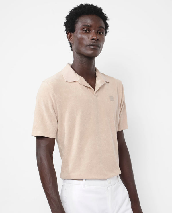 Rare Rabbit Men's Merk Beige Cotton Polyester Fabric Short Sleeve Johnny Collar Regular Fit Towel Terry Textured Polo T-Shirt