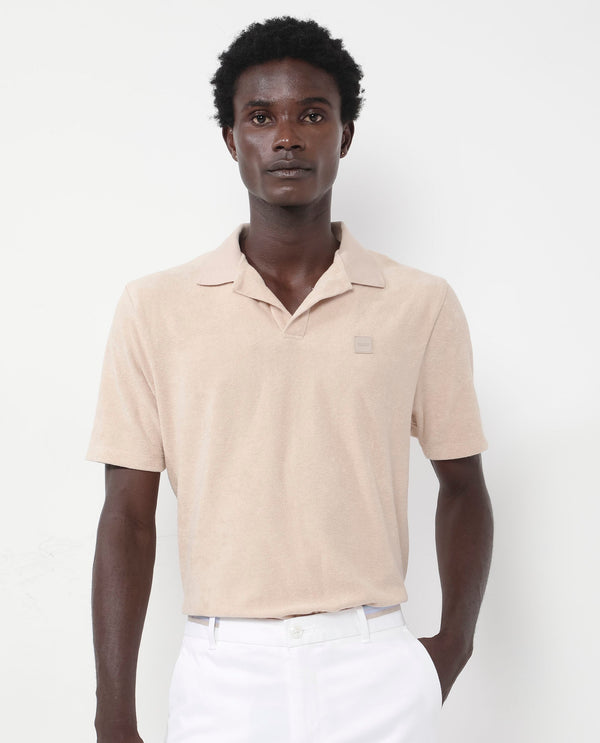 Rare Rabbit Men's Merk Beige Cotton Polyester Fabric Short Sleeve Johnny Collar Regular Fit Towel Terry Textured Polo T-Shirt
