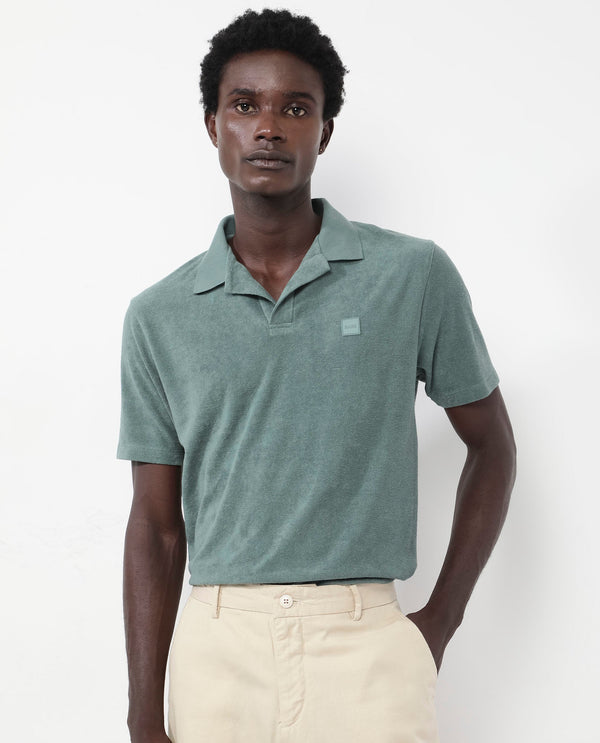 Rare Rabbit Men's Merk Dusky Green Cotton Polyester Fabric Short Sleeve Johnny Collar Regular Fit Towel Terry Textured Polo T-Shirt