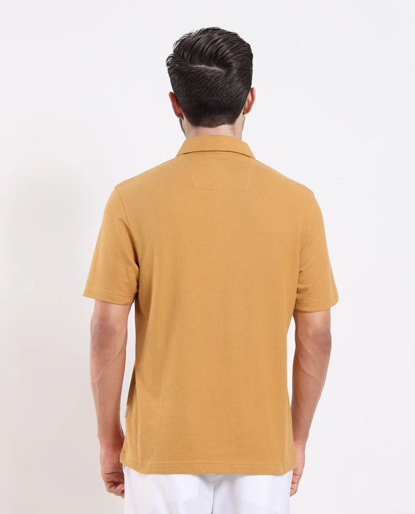 Rare Rabbit Men Merkof Mustard Cotton Fabric Half Sleeve Spread Collar Zipper Closure Plain Polo