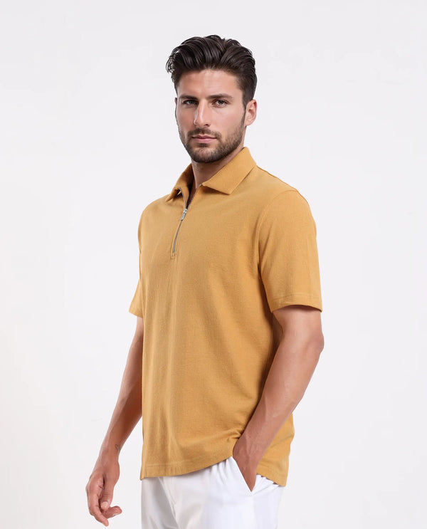 Rare Rabbit Men Merkof Mustard Cotton Fabric Half Sleeve Spread Collar Zipper Closure Plain Polo