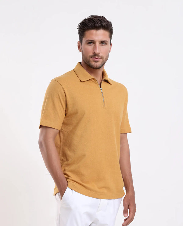 Rare Rabbit Men Merkof Mustard Cotton Fabric Half Sleeve Spread Collar Zipper Closure Plain Polo
