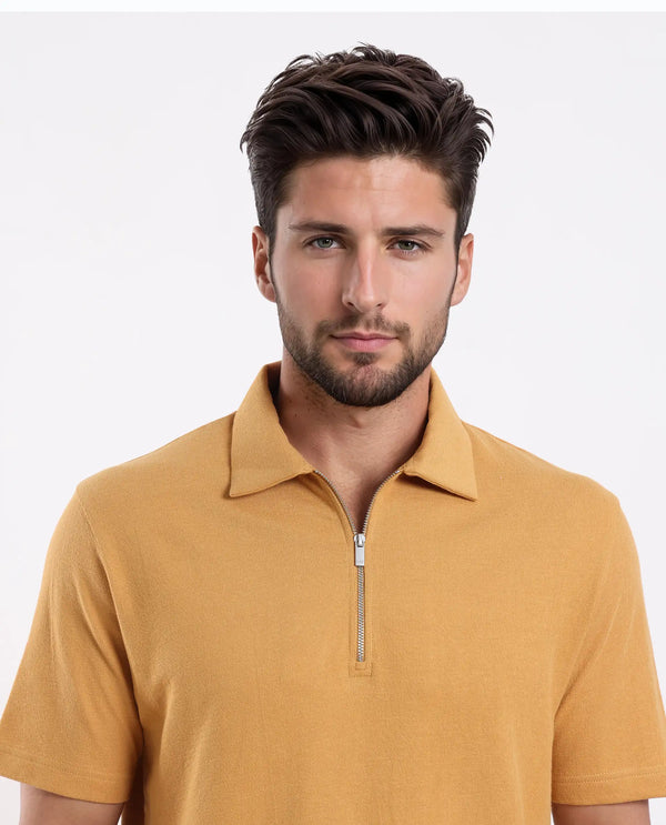 Rare Rabbit Men Merkof Mustard Cotton Fabric Half Sleeve Spread Collar Zipper Closure Plain Polo