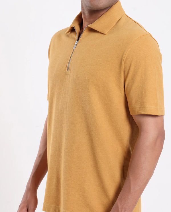 Rare Rabbit Men Merkof Mustard Cotton Fabric Half Sleeve Spread Collar Zipper Closure Plain Polo