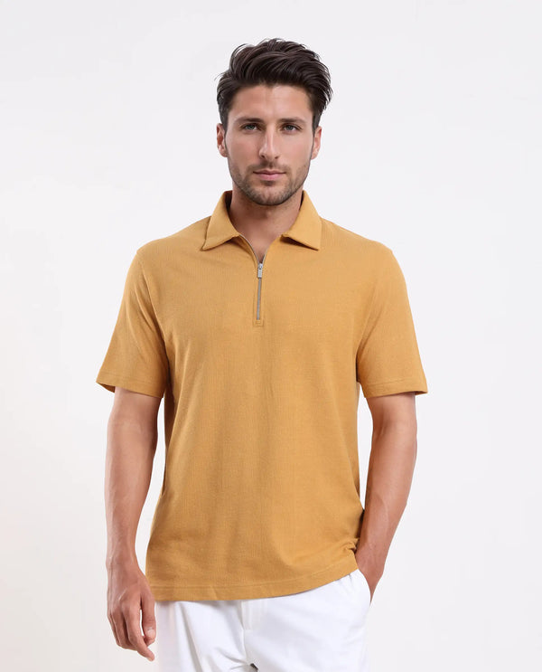 Rare Rabbit Men Merkof Mustard Cotton Fabric Half Sleeve Spread Collar Zipper Closure Plain Polo