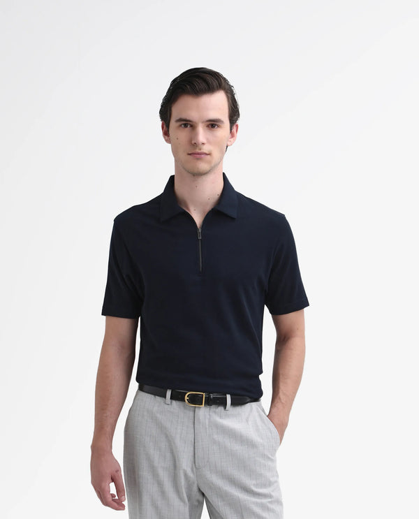 Rare Rabbit Men Merkof Navy Cotton Fabric Half Sleeve Spread Collar Zipper Closure Plain Polo