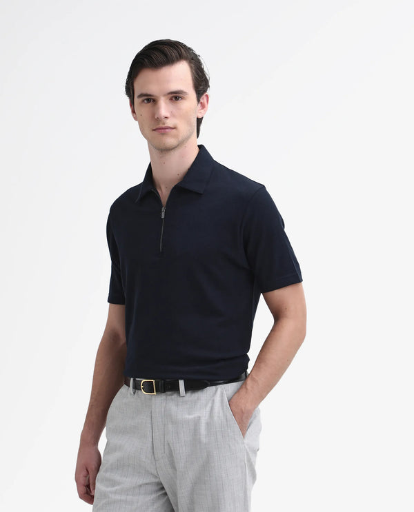 Rare Rabbit Men Merkof Navy Cotton Fabric Half Sleeve Spread Collar Zipper Closure Plain Polo