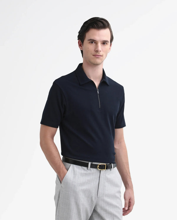 Rare Rabbit Men Merkof Navy Cotton Fabric Half Sleeve Spread Collar Zipper Closure Plain Polo