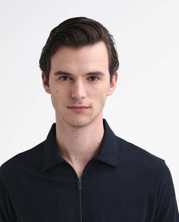 Rare Rabbit Men Merkof Navy Cotton Fabric Half Sleeve Spread Collar Zipper Closure Plain Polo