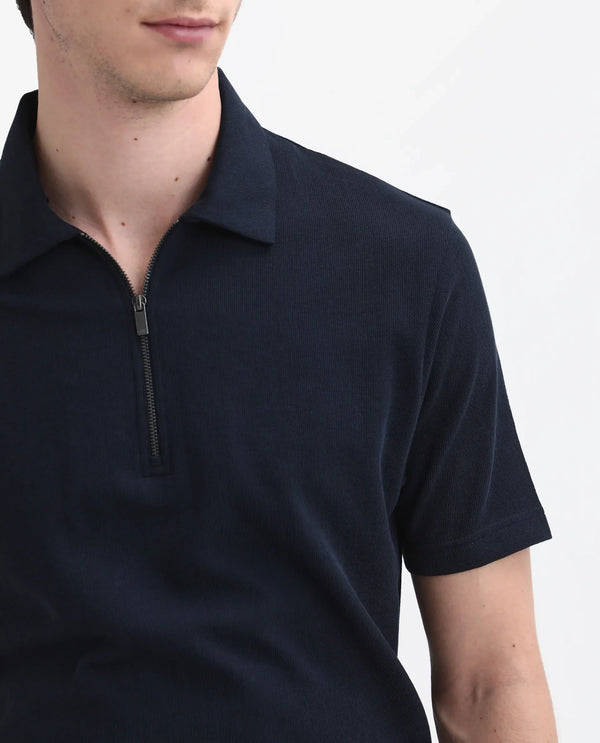 Rare Rabbit Men Merkof Navy Cotton Fabric Half Sleeve Spread Collar Zipper Closure Plain Polo
