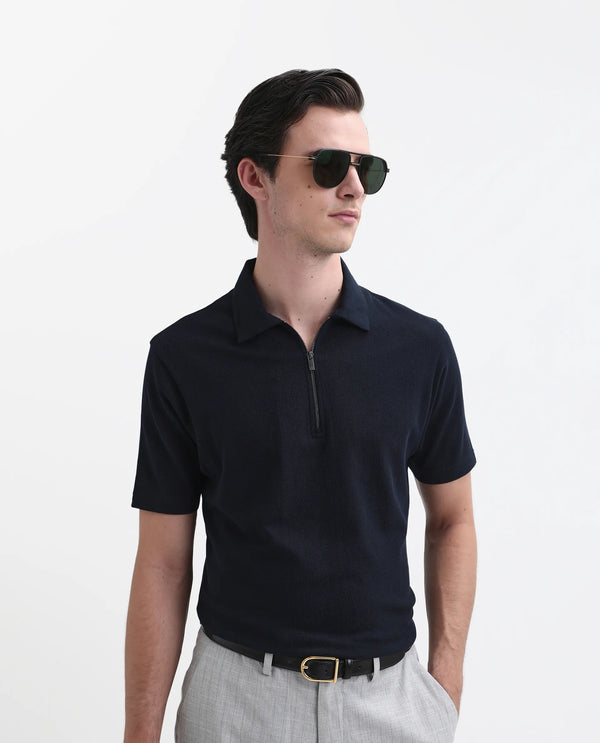Rare Rabbit Men Merkof Navy Cotton Fabric Half Sleeve Spread Collar Zipper Closure Plain Polo