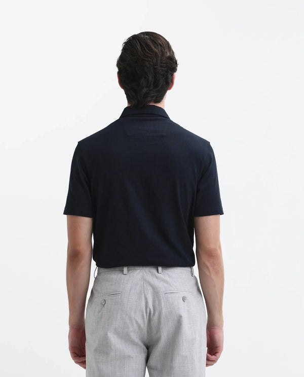Rare Rabbit Men Merkof Navy Cotton Fabric Half Sleeve Spread Collar Zipper Closure Plain Polo