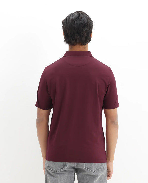 Rare Rabbit Men Merko Maroon Cotton Blend Fabric Short Sleeve Collared Neck Snap Button Closure Leather Badge Detail Plain Polo T-Shirt