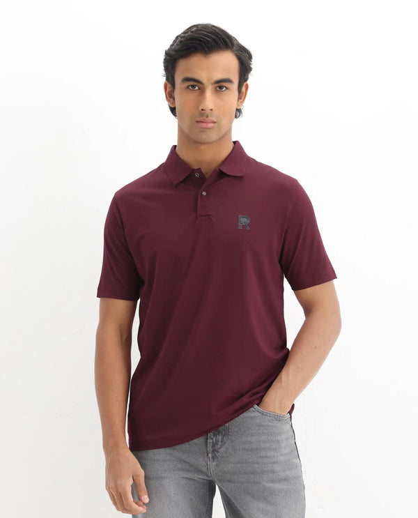 Rare Rabbit Men Merko Maroon Cotton Blend Fabric Short Sleeve Collared Neck Snap Button Closure Leather Badge Detail Plain Polo T-Shirt