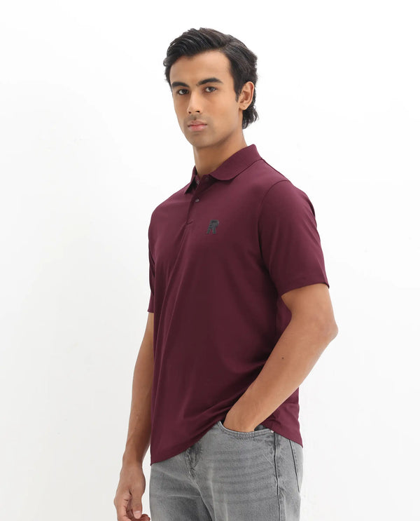 Rare Rabbit Men Merko Maroon Cotton Blend Fabric Short Sleeve Collared Neck Snap Button Closure Leather Badge Detail Plain Polo T-Shirt