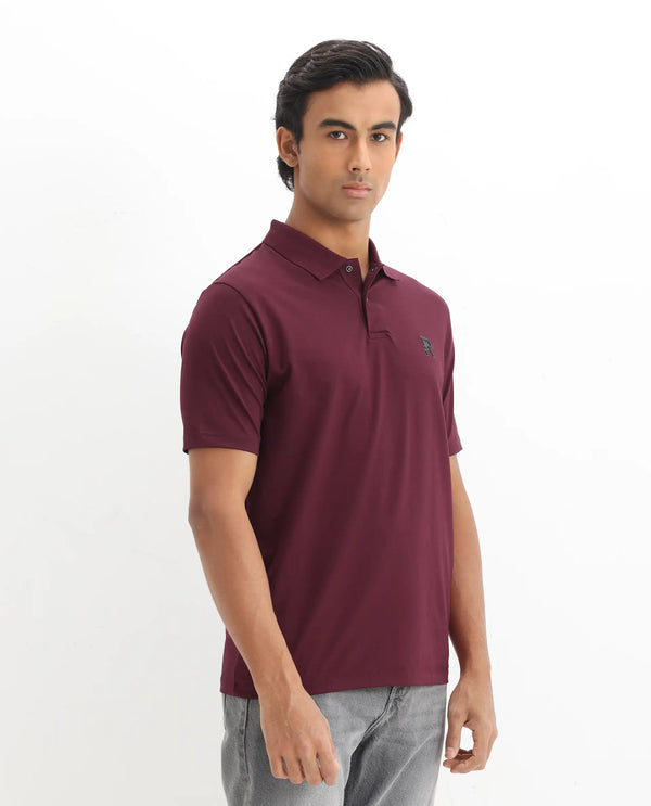 Rare Rabbit Men Merko Maroon Cotton Blend Fabric Short Sleeve Collared Neck Snap Button Closure Leather Badge Detail Plain Polo T-Shirt