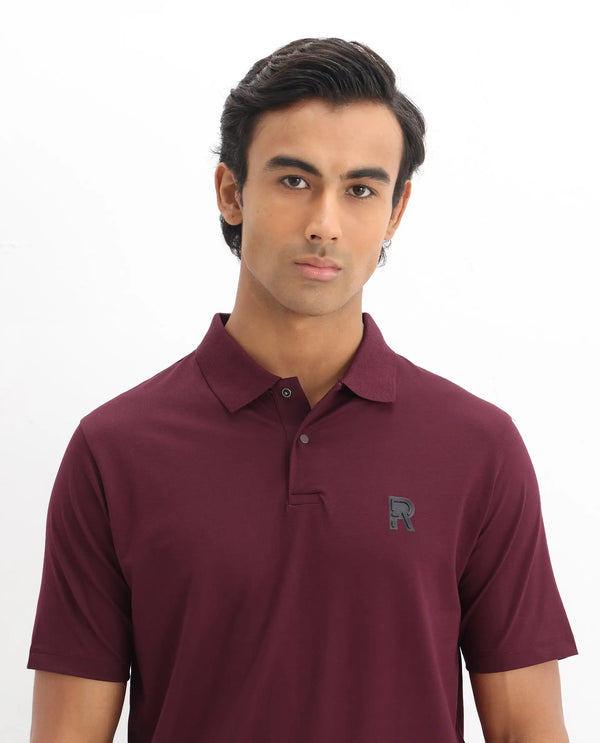 Rare Rabbit Men Merko Maroon Cotton Blend Fabric Short Sleeve Collared Neck Snap Button Closure Leather Badge Detail Plain Polo T-Shirt